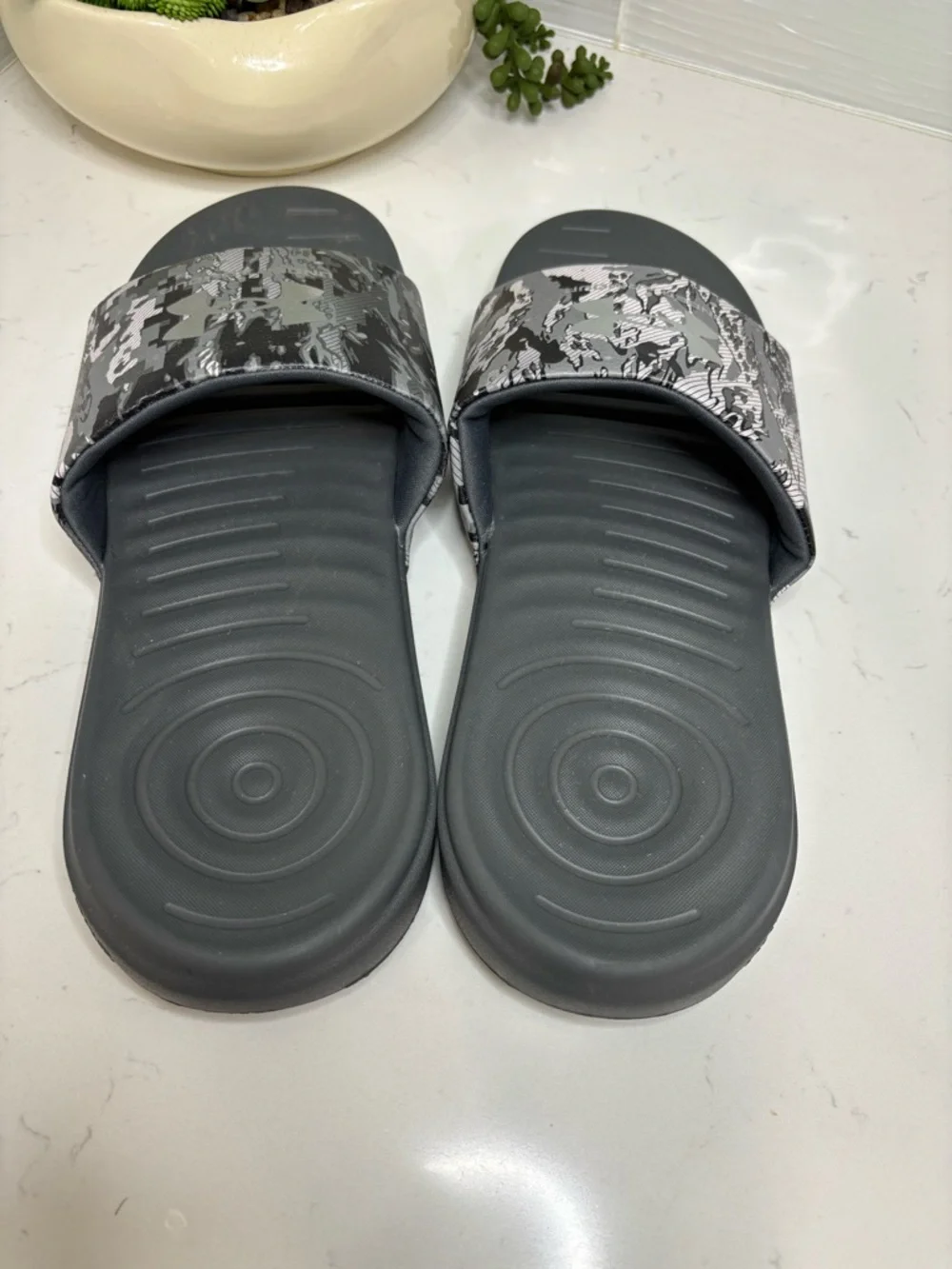 Under Armour Ansa Size 12 Graphic Slides Gray Camo Off Court Slip On Flats Shoes